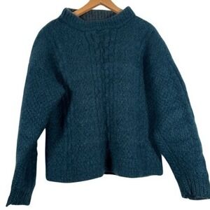 Blue/Teal Textured 100% Wool Mock Neck Cable Knit Sweater Women's